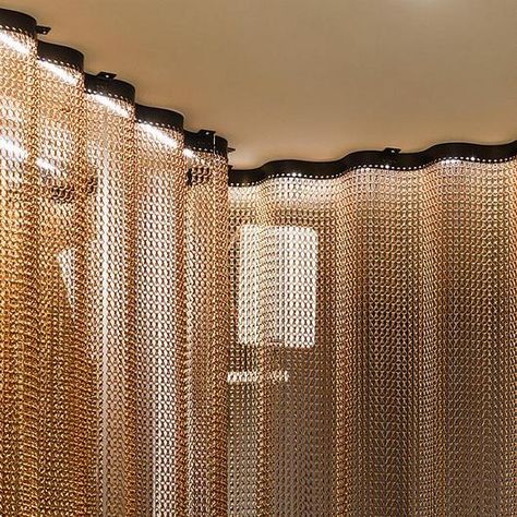 Metal Fabric - Undulating Space Dividers from Kriskadecor Metal Room Dividers, Metallic Curtains, Fabric Divider, Fabric Partition, Metalic Fabric, Back Bar Design, Fabric Interior Design, Metal Divider, Space Divider