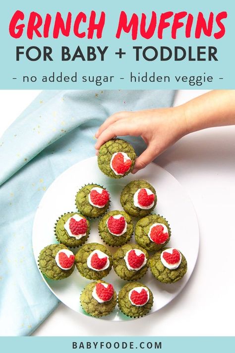 These Healthy Grinch Mini Muffins are the perfect holiday treat for baby and toddler! Made with no added sugar and packed with spinach - these muffins can be served for breakfast, lunch, snack or even a festive dessert! #baby #toddler #muffins #grinch #christmas Muffins For Baby, Toddler Muffins, Baby Muffins, Baby Breakfast, Baby Grinch, Toddler Recipes, Picky Toddler, Toddler Breakfast, Baby Food Pouch Recipes