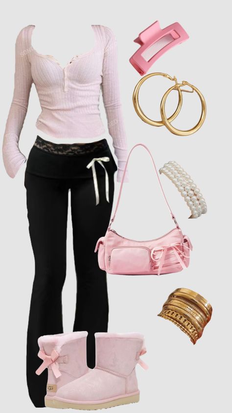 #pink #coquette #cute #sleepover #cosy #uggs #fall Folded Uggs Outfit, Pink Ugg Outfit Ideas, Fall Leg Warmers Outfit, Pink And Black Winter Outfit, Pink Ugg Outfit, Pink Outfits Winter, Bailey Bow Uggs Outfit, Sleepover Fits, Pink Uggs Outfit