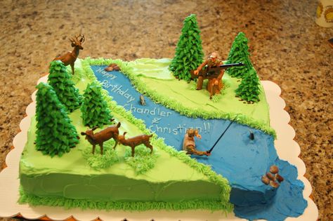 Hunting and Fishing Cake Gone Fishing Cake, Hunting Birthday Cakes, Deer Hunting Birthday, Hunting Birthday Party, Fish Cake Birthday, Hunting Cake, Camo Birthday, Hunting Birthday, Fishing Birthday