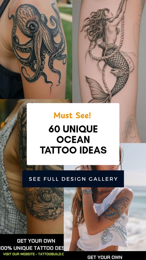 Discover 60 unique ocean tattoo ideas with stunning designs featuring mermaids and octopuses. This pin showcases water-themed tattoo inspiration using 4 images to help you choose your next masterpiece. Ocean Back Tattoos For Women, Ocean And Beach Tattoos, Sea Warrior Tattoo, Mermaid Tattoos For Men, Ankle Beach Tattoos For Women, Aquatic Sleeve Tattoo, Spine Tattoo Ocean Theme, Mermaid Tattoo Men, Chubby Mermaid Tattoo