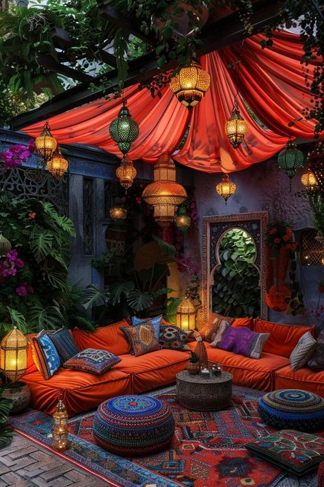 Bbq Pits Ideas, Back Patio Oasis, Indian Backyard Ideas, Moroccan Outdoor Patio, Moroccan Patio Ideas, Bohemian Bedroom Decor Moroccan Style, Bohemian Outdoor Spaces, Boho Outdoor Patio, Dream Backyard Patio