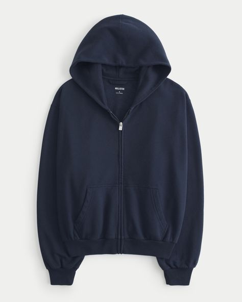 Women's Easy Zip-Up Hoodie | Women's Tops | HollisterCo.com Navy Blue Zip Up Outfit, Blue Zip Up, Navy Blue Zip Up, Dark Blue Zip Up Hoodie, Zipper Hoodie Women, Bday List, Baggy Hoodie, Plain Hoodies, Navy Hoodie