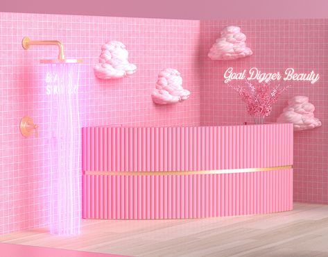 Pink Store Front Ideas, Beauty Booth Design, Fluted Reception Desk, Dinner Table Modern, Modern Front Desk, Cash Wrap Counter, Fluted Table, Cash Wrap, Spa Room Decor