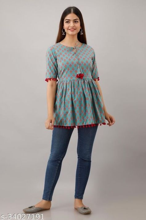 Top For Jeans Indian, Cotton Tops For Jeans, Top For Jeans, Short Kurti Designs, Cotton Short Tops, Peplum Design, Stylish Kurtis Design, Simple Kurta Designs, Simple Kurti Designs