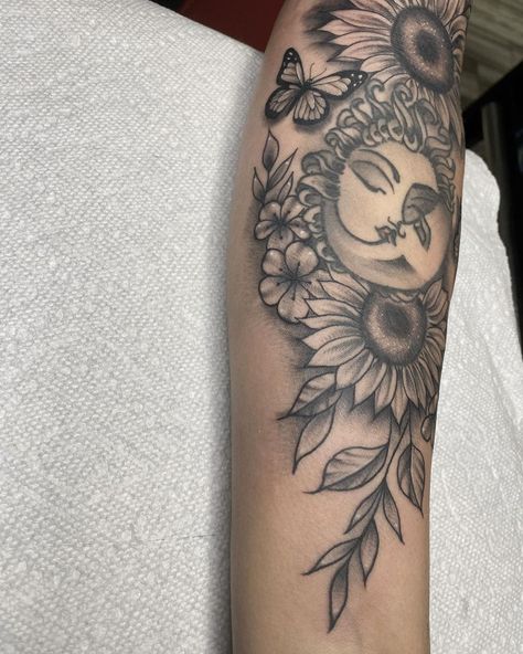 𝔏 𝔢 𝔵 on Instagram: “Did not do sun/moon. Added around it💕 hopefully adding more soon” Sun And Moon Tattoo Arm Sleeve, Sun And Moon Forearm Tattoo Women, Sun Moon And All My Stars Tattoo, Soon And Moon Tattoo, Moon Sleeve Tattoos For Women, Sun And Moon Sleeve Tattoo, Sunflower And Moon Tattoo, Tattoo God, Bicep Tattoo Women