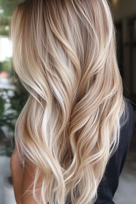 Long, wavy blonde hair with highlights, seen from the back. Expensive Looking Blonde Hair, Different Blonde Colors, Blonde Tones Shades, Bright Buttery Blonde Hair, Blonde Scandinavian Hair, Teddy Hair Color, Blonde Hair For Winter, Cream Blonde Hair Balayage, Blonde Hair With Caramel Highlights