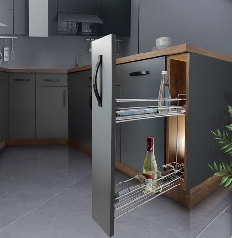 This exceptionally narrow pull-out is perfectly suited for between 15 and 30 cm wide base cabinets. It comes in a space-efficient, partially mounted configuration that occupies only one-third of the space required by similar fittings. This 15 cm wide niche unit is an excellent choice for creating a compact and slender pull-out larder or food storage solution, detergent etc. Detergent Holder, Space Efficient, Cupboard Storage, Base Cabinets, Storage Solution, The Space, New Kitchen, Storage Solutions, Kitchen Ideas