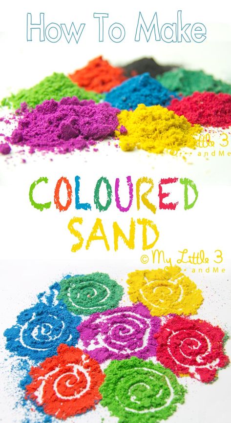 Make your own coloured sand. Vibrant and fun for all sorts of sand art projects like Rangoli patterns and sand bottles. Diy Colored Sand, Drawing Diwali, Sand Art Projects, Coloured Sand, Scenery Drawing, Kids Craft Room, Art Projects For Kids, Rangoli Patterns, Sand Play