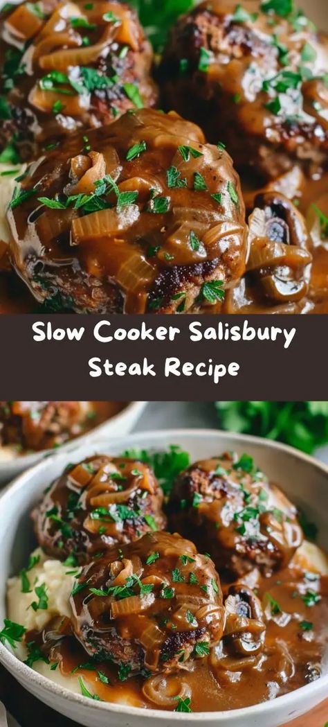 Slow Cooker Salisbury Steak Recipe Best Salisbury Steak Recipe, Crockpot Steak Recipes, Salisbury Steak Crockpot, Salisbury Steaks, Fall Slow Cooker Recipes, Slow Cooker Meat, Salisbury Steak Recipe, Slow Cooker Steak, Crockpot Steak