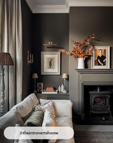 Paint color: Farrow and Ball “Pantalon” No. 221 Lounge Designs, James Watt, Navy Living Rooms, Wall Colours, Snug Room, Victorian Living Room, Moody Decor, Dark Living Rooms, Cosy Living Room