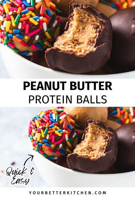 Searching for the ultimate homemade protein balls? Try our incredible high-protein peanut butter balls made with protein powder. These quick and easy snack ideas are perfect as a delicious, healthy, no-bake dessert for both kids and adults. Personalize them by dipping in chocolate or sprinkles. Get the recipe and other high protein snacks at yourbetterkitchen.com. Protein Powder Food Recipes, Best Protein Snacks For Women, High Protein Peanut Butter Balls, Pb Fit Protein Balls, Labor Snacks, High Protein Sweet Snacks, Protein Balls With Protein Powder, Chocolate Protein Powder Recipes, Homemade Protein Balls