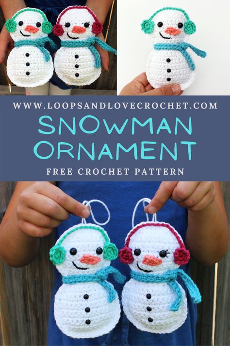 Snowman Ornament Crochet Patterns Free, Free Crochet Pattern For Christmas Ornaments, Crochet Snowman Ornament, Snowman Crochet Patterns Free, Crochet Christmas Patterns Free, Crochet Ragdoll, Crocheted Snowman, Xmas Crochet, Holiday Crochet Patterns