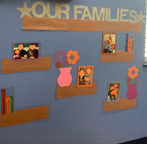 Me And My Family Bulletin Board, Family Photo Wall Preschool, Family Tree Ideas For Infant Classroom, Family Photo In Classroom, Family Wall Prek Classroom, Prek Art Wall Display, Family And Friends Board Classroom, Infant Room Family Board, Floating Shelves Classroom