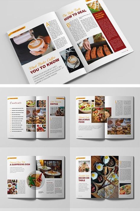 Restaurant Magazine Layout, Magazine Food Design, Food Magazine Layout Design Creative, Food Magazine Layout Design, Food Magazine Design, Magazine Layout Design Creative, Magazine Design Layouts Creative, Indesign Ideas, Restaurant Magazine