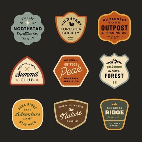 Mid-century Retro Adventure Badge Designs Adventure Logo Design, Sunrise Logo, Retro Typography Design, Vintage Typography Design, Forest Silhouette, Adventure Logo, Holiday Labels, Vector Quotes, Line Art Vector