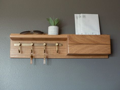 Solid White Oak Key Hook Entryway Organizer, Mail Holder, Key Hooks With Mail Holder, Wall Mount Key Hooks, Mail Organizer - Etsy Entryway Organizer Shelf, Mail Holder Wall, Hook Entryway, Entryway Organizer Wall, Key Shelf, Entryway Key Holder, Key Holder Diy, Mail Organizer Wall, Mail And Key Holder