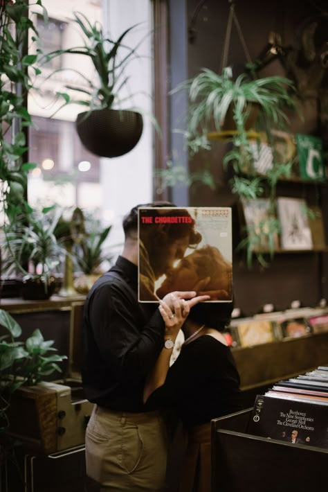 Record Store Engagement Photoshoot, Record Engagement Photos, Record Store Wedding Photos, Record Shop Photoshoot Men, Antique Store Engagement Photos, Record Shop Engagement Photos, Library Photoshoot Ideas Couple, Record Store Engagement Photos, Record Store Couples Photoshoot