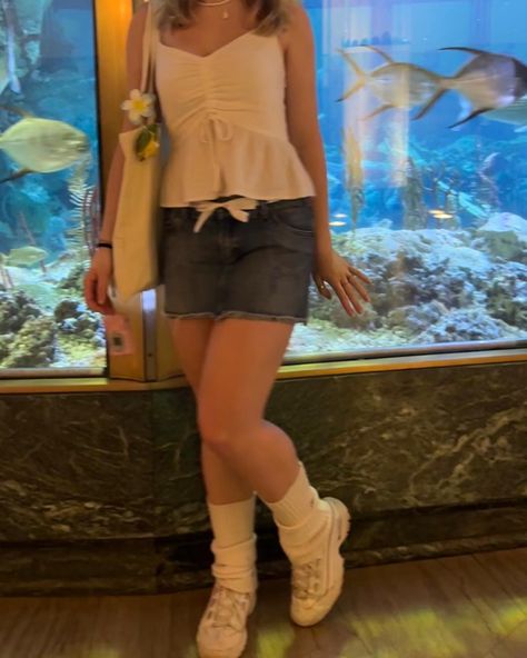 aquarium, aquarium outfit, key west kitten, coconut girl, outfit inspo, summer outfits, flower hair clip, tote bag outfit, Jean skirt outfit, leg warmers outfit, museum outfit, cute outfit, outfit inspo, Aquarium Fits, Aquarium Date Outfit, Aquarium Outfit, Spotify Covers, Date Outfits, Really Cute Outfits, Cute Outfits, Clothes