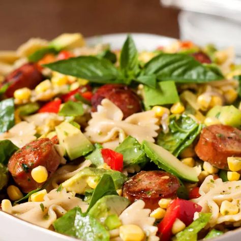 Kielbasa Pasta Salad with Lemon Basil Dressing Cold Dinners, Lemon Basil Dressing, Smoked Kielbasa, Kielbasa Pasta, Salads For Dinner, Meal Prep Meals, Kielbasa Recipes, Salad With Lemon, Meatball Bake