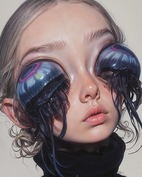 Crazy Eye Reference, Jellyfish Eye Makeup, Jellyfish Makeup, Crazy Mask, Strange Makeup, Jellyfish Eyes, Third Eye Piercing, Weird Makeup, Weird Faces