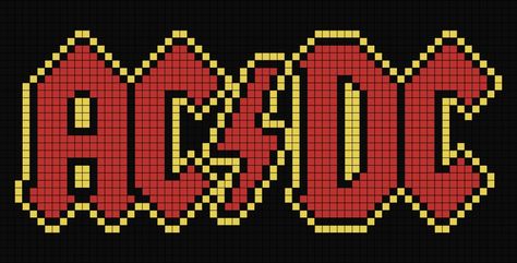 A large pixel art template of the red, yellow outlined logo of A C D C the rock band. Large Pixel Art, Ac Dc Logo, Band Room, Dc Logo, Graph Paper Drawings, Graph Crochet, Easy Pixel Art, Pixel Art Templates, Pixel Drawing