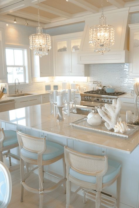 classy white and blue coastal kitchen Coastal Kitchen Nook Ideas, Ocean Themed Kitchen, Blue Coastal Kitchen, Modern Beach House Kitchen, Coastal Glam Decor, Mermaid Kitchen, White And Blue Kitchen, Beach Cottage Kitchen, Beach Airbnb