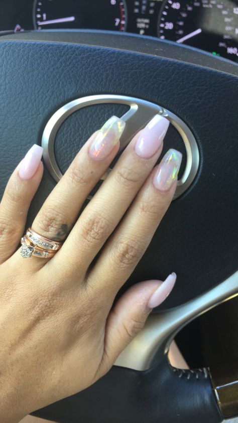 Irredescent Clear Nails, Light Pink Iridescent Nails, Pink And White Iridescent Nails, Glass Nails Acrylic Clear, Natural Pink Acrylic Nails, Broken Glass Nails, Pale Pink Iridescent Nails, Sheer Pink Coffin Acrylic Nails, Armor Aesthetic