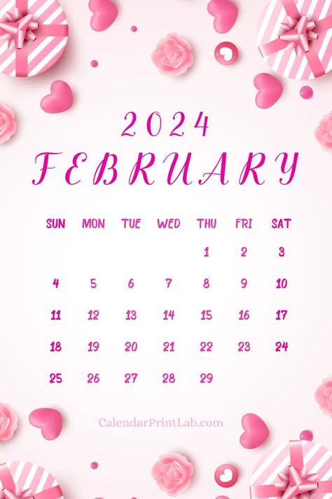 February 2024 Wall Calendar Printable February 2024 Calendar Printable, February 2024 Calendar, Book Journal Template, Pink Calendar, 2024 Calendar Printable, February Wallpaper, Birthday Background Design, February Calendar, Love Theme