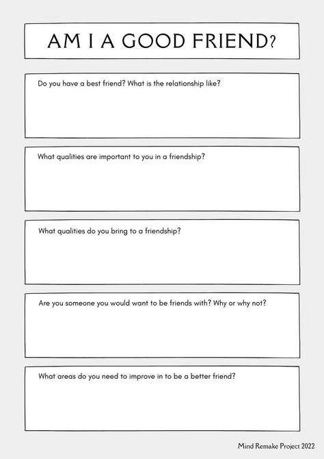 Free PDF download from Mind Remake Project, a therapy and mental health resource site Healthy Friendships Worksheet, Seeking Safety Group Activities, Boundaries Worksheet Mental Health, Am I A Good Friend, Study Skills Worksheets, Mindful Activities For Kids, Boundaries Worksheet, Group Counseling Activities, Coping Skills Activities