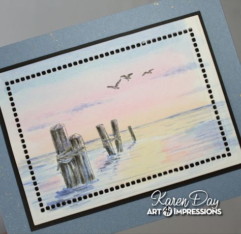 Weather Cards, Art Impressions Cards, Art Impressions Stamps, Beach Cards, Art Impressions, Watercolor Images, March 5, Winter Cards, Watercolor Pencils