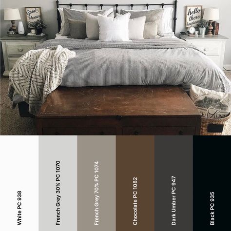 White Brown Gray Bedroom, Grey Black White Brown Interior, Light Grey Bedroom Walls Dark Brown Furniture, Dark Wood And Gray Bedroom, Black Metal And Wood Bed Frame, Black White Grey Brown Bedroom, Charcoal White Bedroom, Black Grey Wood Bedroom, Grey Carpeted Bedroom