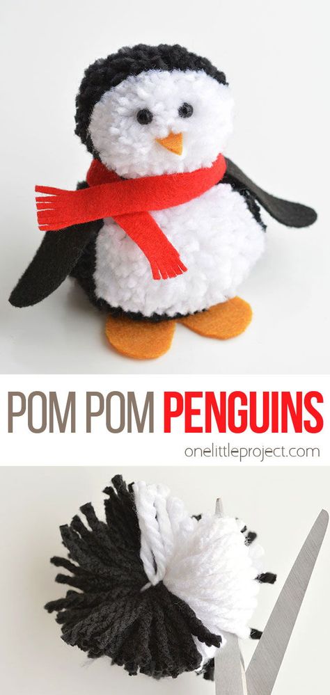 These pom pom penguins are so easy to make and they’re sooooooooo cute!! This is such a fun winter craft idea for kids! You can easily make your own pom poms just by using your hands! This is such a fun and easy winter DIY project! Diy Winter Projects, Kids Art Projects Christmas, January Painting Ideas For Kids, Yarn Crafts For Christmas, Pompom Ornaments Diy, Winter Diy Crafts For Kids, January Crafts For Adults Diy Ideas, Winter Yarn Crafts, Winter Decorations Diy Kids