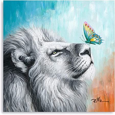 Lion Butterfly Canvas Wall Art Gray White Lion and Colorful Butterfly Pictures Wall Decor Artistic Painting Animal Pictures Giclee Prints for Bedroom Living Room Office Home Decoration 12"x12" Lion And Butterfly, Acrylic Paint Tutorial, Lion Wall Art, Lion Canvas, Floral Wall Art Canvases, Butterfly Canvas, White Lion, Abstract Pictures, Butterfly Pictures