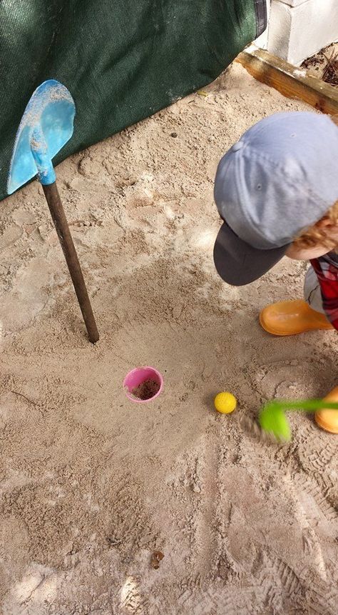 Sandpit golfing Preschool Sandpit Ideas, Sandpit Play Ideas Preschool, Sandpit Ideas Childcare, Sandpit Activities, Sandpit Play Ideas, Childcare Outdoor Environments, Kids Sandpit, Sandpit Ideas, Sand Pits For Kids