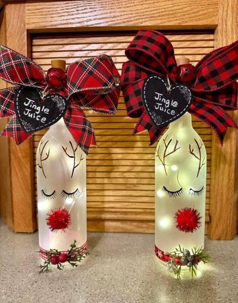 Christmas Wine Bottle Craft, Christmas Wine Bottle Crafts Diy, Reindeer Wine Bottle, Christmas Lights Bottle, Wine Bottle Craft, Alcohol Bottle Decorations, Wine Bottle Christmas Decorations, Wine Bottle Crafts Christmas, Holiday Wine Bottles