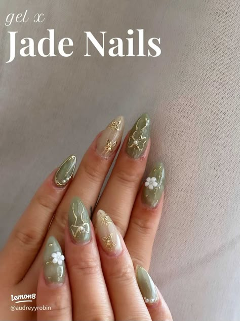 Lemon8 · jade nails💚🤍 · @AUD -  #AUD #Jade #Lemon8 #Nails Summer Fall Nail Colors, Sheer Green Nails, Summer Nail Designs Almond Shape, Green Valentines Nails, Short Nail Ideas Summer 2024, Mint Green Nails With Design, Cute Nail Acrylic, Green Aura Nails, Nail Burgundy