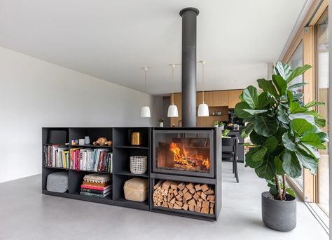 Stûv 16-in by Stûv | Archello Stuv Fireplace, Log Burner Living Room, Fireplace Sitting Area, Triangle House, Ventless Fireplace, Mid Century Ranch, Wood Heater, Condo Living, Ranch Style Homes