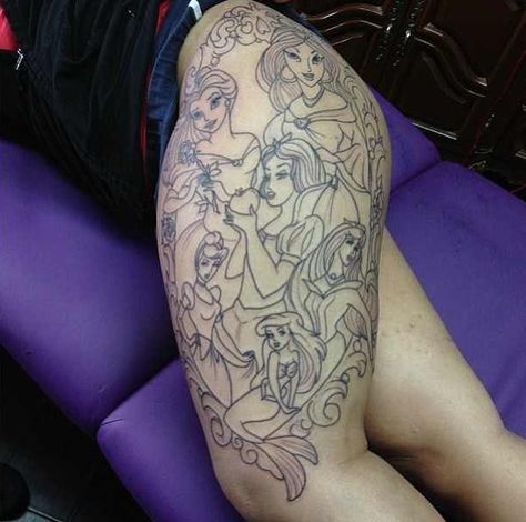 Disney Princess Tattoo Ideas, Princess Tattoo Ideas, Eli Tattoo, Disney Thigh Tattoo, Danny Tattoo, Disney Inspired Tattoos, Disney Sleeve Tattoos, Tattoo Disney, Disney Sleeve