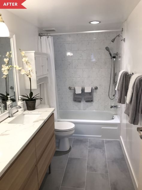 Gray Bathroom Tile Ideas, White Gray Bathroom, Bathroom Ideas Gray, White And Gray Bathroom, Grey Bathroom Floor, Windowless Bathroom, Bathroom Gray, White Bathrooms, Rental Bathroom