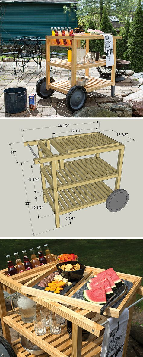 Make outdoor entertaining easy with this serving cart. It offers lots of space for storing food, tableware, and outdoor supplies, plus it cradles bottles where they’re easy to reach but protected from spills. The top “shelf” is a lift-off tray, so you can carry supplies from the cart to your table. Get the free DIY plans at buildsomething.com Diy Food Cart, Outdoor Serving Cart, Diy Bar Cart, Gold Bar Cart, Outside Bars, Serving Cart, Local Furniture, Backyard Deck, Food Cart