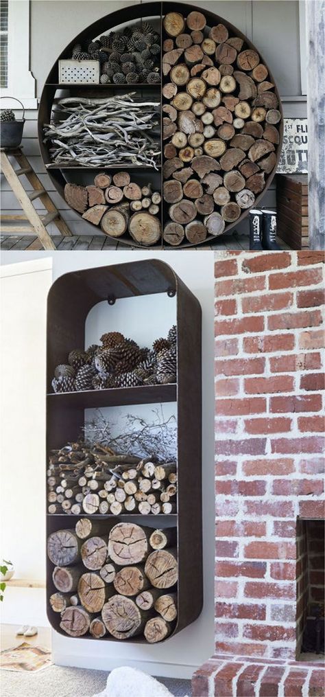 15 firewood storage and creative firewood rack ideas for indoors and outdoors. Lots of great building tutorials and DIY-friendly inspirations! - A Piece Of Rainbow Wall Structure, Koti Diy, Firewood Rack, Firewood Storage, Casa Exterior, Cabin Life, Decoration Inspiration, Mild Steel, Wood Storage