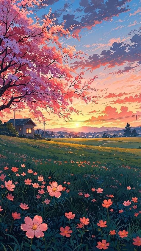 Field Of Roses, Studio Ghibli Background, Black Day, Dreamy Artwork, Ghibli Artwork, View Wallpaper, Sunset Art, Blue Clouds, Cool Wallpapers Art