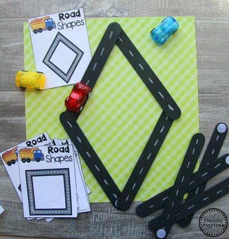 Preschool Transportation Unit Shapes - Giant Craft Stick Roads #preschool #transportationunit #planningplaytime Building Roads Preschool, Transportation Table Top Activities, Vechiles Preschool Craft, Transportation Math Preschool, Land Air Water Transportation Preschool, Places Kids Go Preschool, Transportation Snacks For Preschool, Adventure Crafts For Preschool, Transportation Study Creative Curriculum