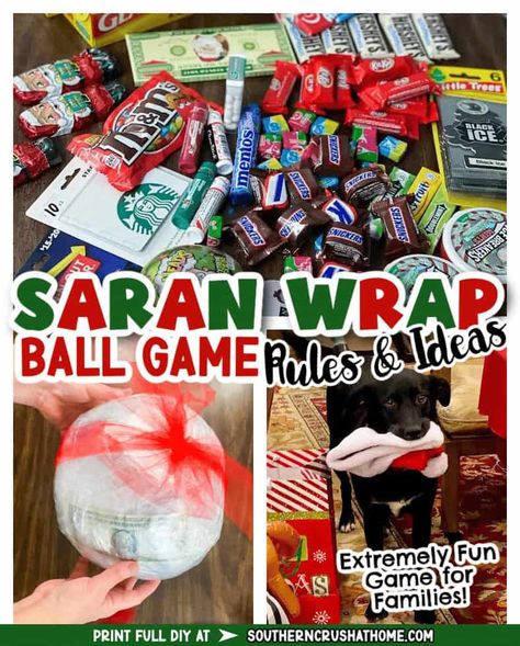 Video: Saran Wrap Ball Game Rules and Ideas https://www.southerncrushathome.com/video-saran-wrap-ball-game-rules-and-ideas/ Christmas Games For Family Saran Wrap, Wrap Game Saran, Wrap Game Christmas, Wrapped Ball Game, Christmas Saran Wrap Ball Game Ideas, How To Play Saran Wrap Ball Game, Saran Wrap Candy Ball Game, Clear Wrap Ball Game, Seran Wrap Christmas Ball Ideas