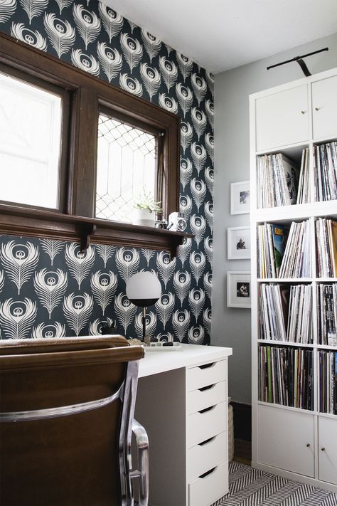 Our Office/Record Room Colors Living Room Walls, All White Wallpaper, Salamander Wallpaper, Semi Solid Stain, Office Music Room, Music Room Office, Wall Renovation, Living Wallpaper, Office Music