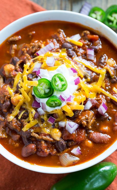 Three-Bean Chili RECIPE Old Fashioned Chili, Southern Chili, Old Fashioned Chili Recipe, Three Bean Chili Recipe, Chili Recipe Stovetop, Stovetop Chili, Three Bean Chili, Chili Beans, Cold Weather Comfort Food