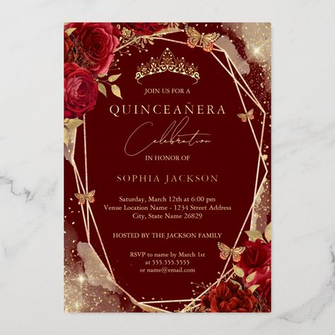 Red Quinceanera Theme, Red Quince Theme, Quinceñera Invitations, Red And Gold Quince, Red Quinceanera Ideas, Quinceanera Red, Quince Invitations, Quinceanera Planning, Rose Gold Tiara