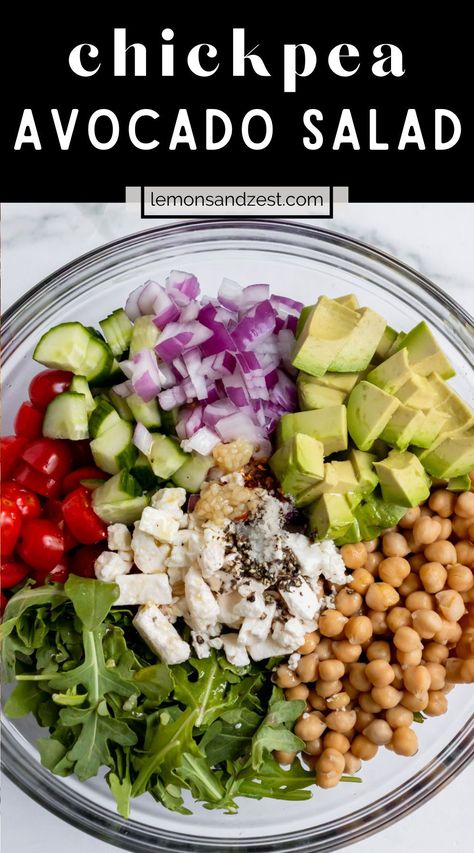 Chickpea Avocado Feta Salad, Arugula Chickpea Salad Recipes, Chickpea Arugula Salad, Chick Peas Salad Recipes, Arugala Salad Recipes, Easy Arugula Salad, Chickpea Avocado Salad, Chickpea Avocado, Veggie Salads