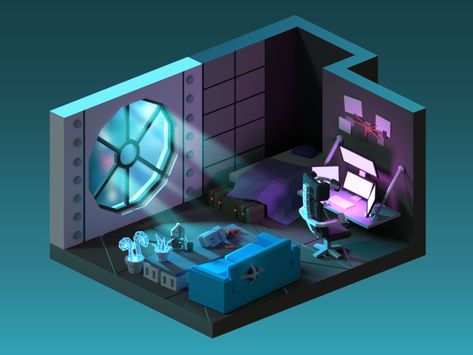 Cyberpunk room by Alex Pushilin Scifi Room, Cyberpunk Room, Art Cyberpunk, 3d Isometric, 3d Room, Eve Online, Mike Mignola, Video Game Room Design, Video Game Rooms